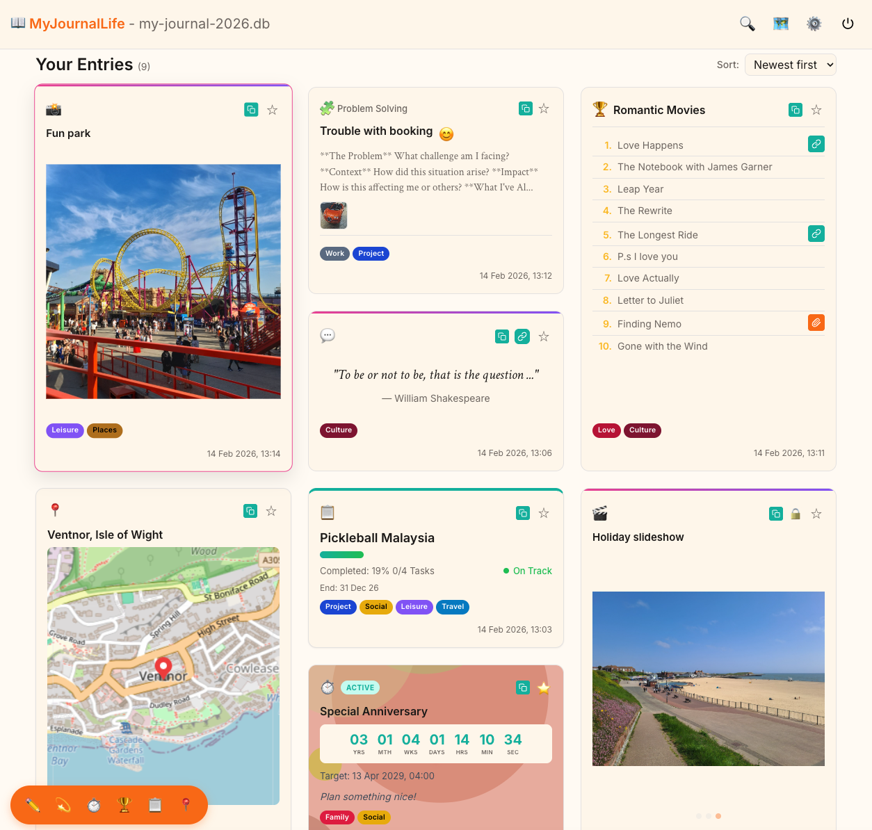 MyJournalLife dashboard showing journal entries in a grid layout